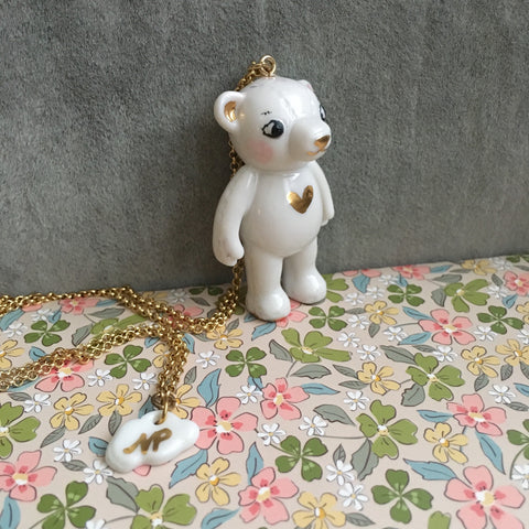 Teddy Bear Porcelain necklace with gold heart or star pattern .. Teddy sautoir en porcelaine motif coeur ou étoile or