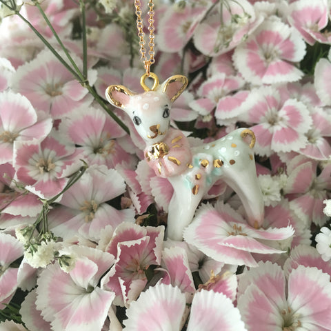 Pink Bambi- porcelain necklace .. Bambi Rose- collier en porcelaine
