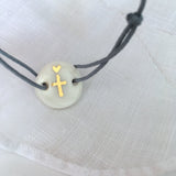 Christian cross and tiny heart porcelain bracelet .. Bracelet en porcelaine croix et coeur