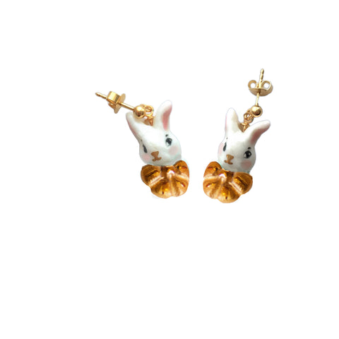 Gold rabbit porcelain earrings .. Boucles d'oreilles lapin or en porcelaine