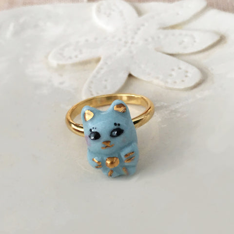 Blue porcelain cat ring  .. Bague chat en porcelaine