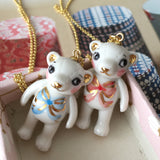 Porcelain Teddy Bear necklace with bow, big .. Sautoir ours en porcelaine , avec ruban