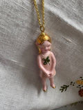 porcelain necklace-Pink doll and clove-  .. collier en porcelaine - poupée rose et trèfle