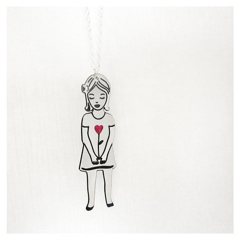 Doll necklace with tiny red heart, Aurore .. Collier poupée en laiton avec petit coeur rouge Aurore