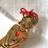 Doll brooch with tiny red heart, Aurore .. Broche poupée en laiton avec petit coeur rouge Aurore