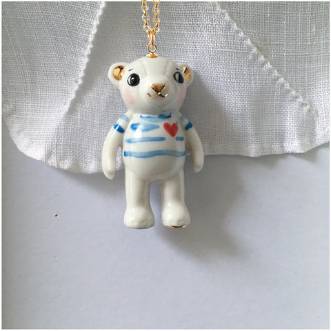 Big Teddy Bear Porcelain necklace with blue stripes .. Grand Teddy sautoir en porcelaine , marinière bleue