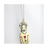 Doll necklace with tiny red heart, Aurore .. Collier poupée en laiton avec petit coeur rouge Aurore